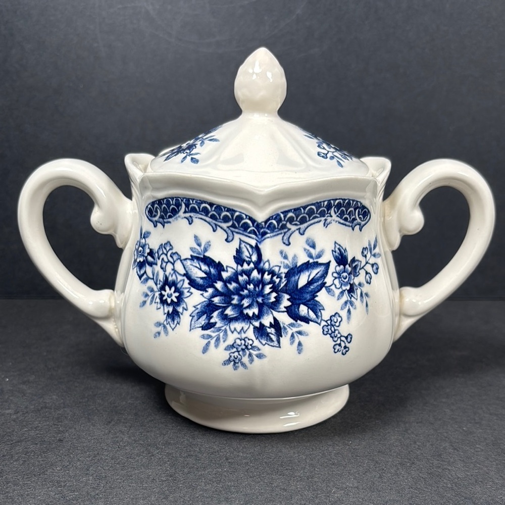 Vintage Ironstone Blue Carnation Floral Sugar Bowl